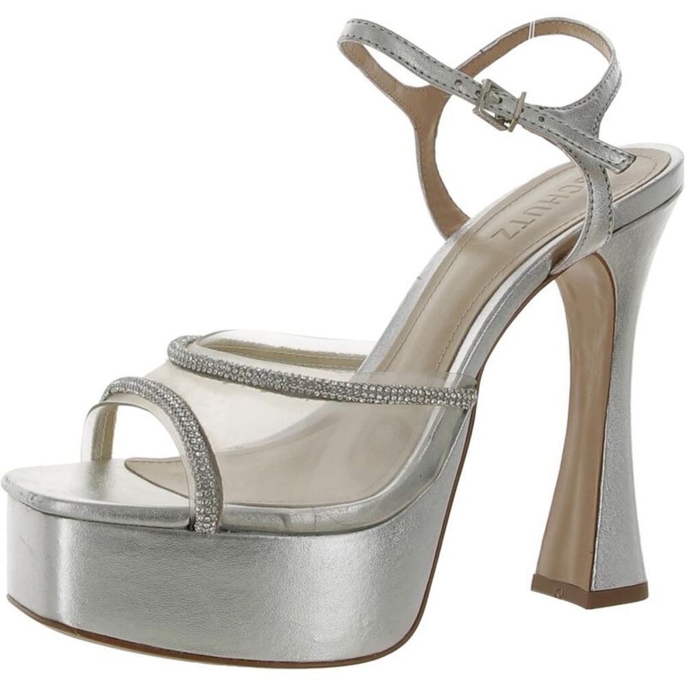 Schutz Womens Aileen Silver Leather Rhinestone Platform Heels Shoes